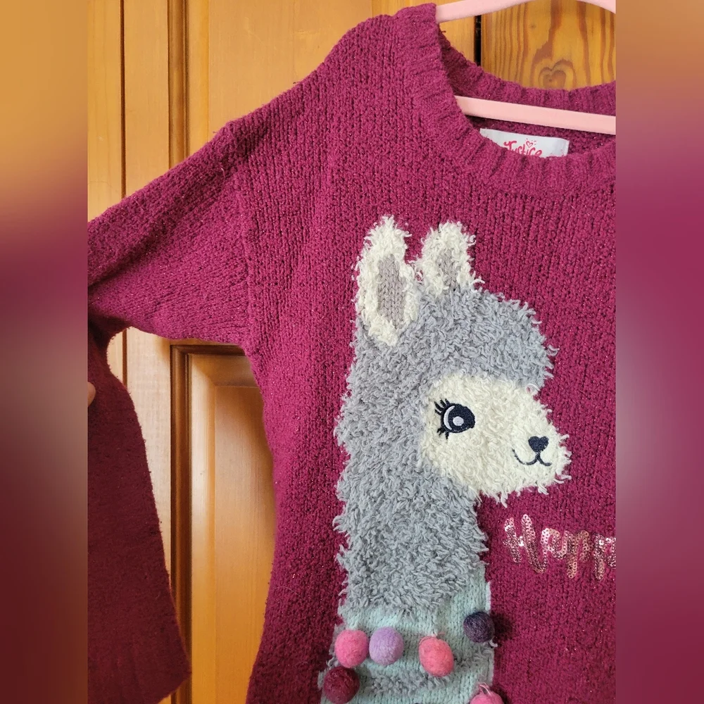 Justice Burgundy Maroon Fuzzy Knit Llama Tunic Sweater with Pom Poms 8